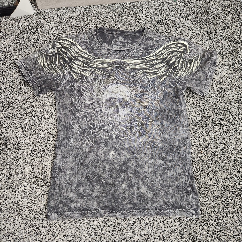 Y2K Vtg Helix skull T-shirt Affliction Style Grunge Shirt Mens M Angel Wings Emo